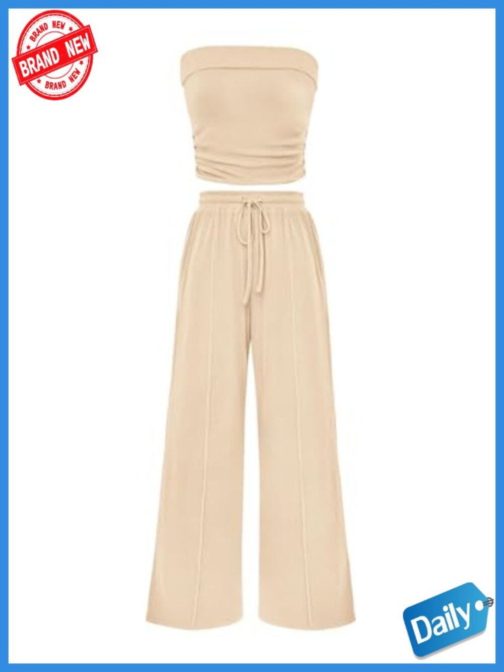 2 Piece Ribbed Knit Lounge Set - Crop Tube Top & Wide Leg Pants